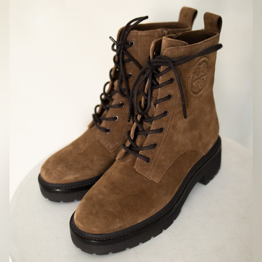 Tory Burch T Monogram Suede Lug-Sole Ankle Boots in Brown Size 6.5M